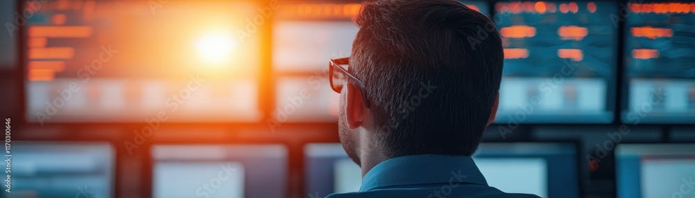 Poster a person monitors multiple screens in a dimly lit environment, with bright data visuals and a glowin