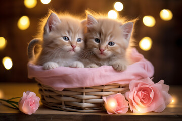 Two kittens nestled in a small heart-shaped basket with flowers, glowing soft pink bokeh lights