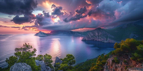 Panoramic view of a coastal landscape at sunset with colorful clouds and calm sea.