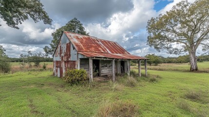 Obraz premium A weathered barn stands in a lush green field under a cloudy sky.