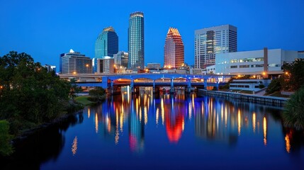 Obraz premium Skyline at Dusk: Cityscape Reflection on Hillsborough River