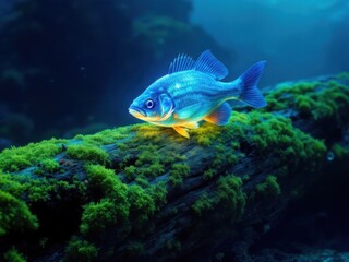 Vibrant Blue Fish Swimming Over Lush Green Underwater Plants