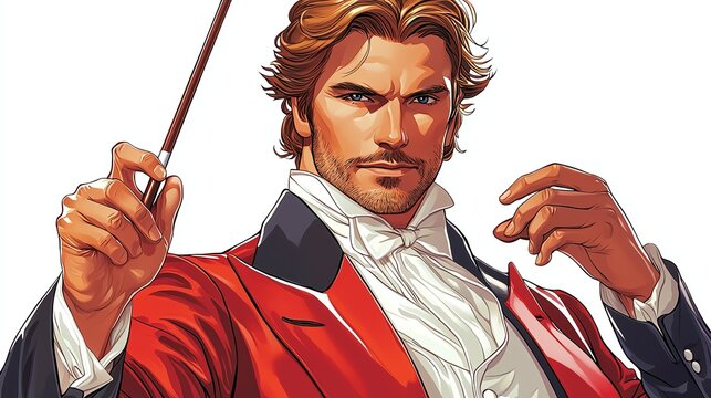 A close-up traditional illustration of a conductor's upper body, emphasizing the energy in his baton movements and expressive gestures