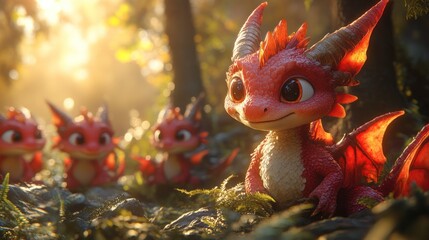 Adorable baby dragons in a sunlit forest.