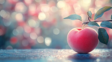 Ripe red apple on wooden surface with blurred orchard background.