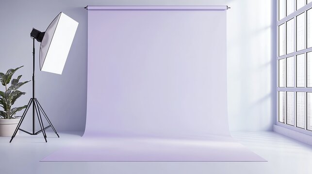 Minimalist photo studio setup with soft lighting and pale backdrop for creative shoots.