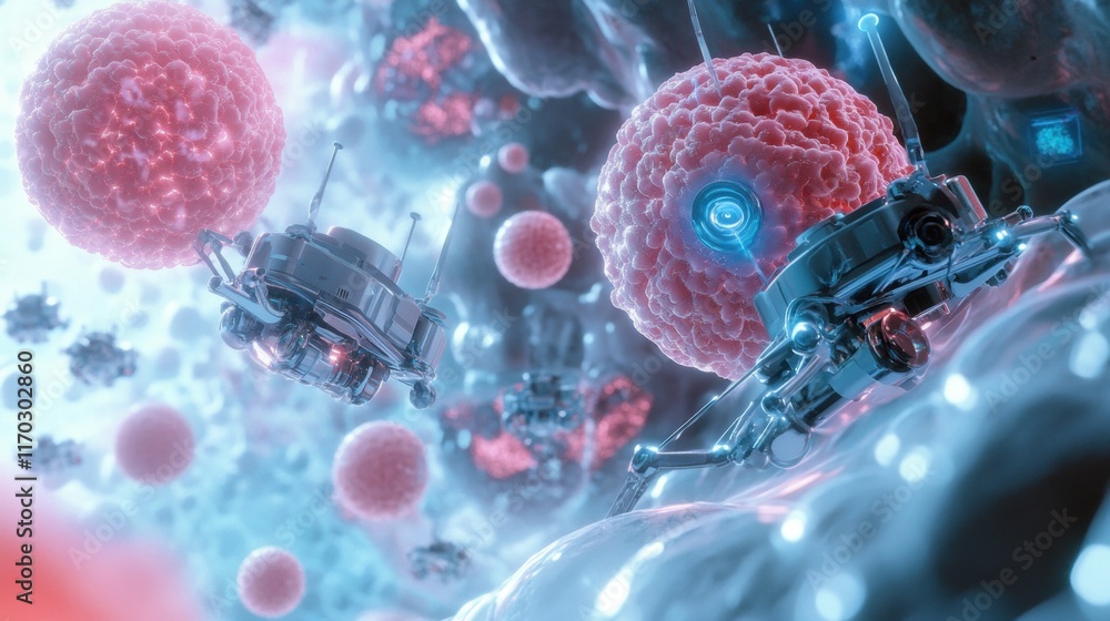 Poster exploring microbial worlds nano-robots cellular environment science visualization high-tech laborato