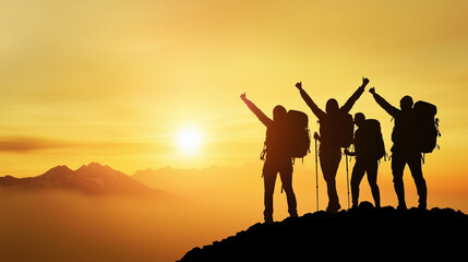 Fototapeta premium Hikers Celebrating at Mountain Summit with Scenic Sunset Views