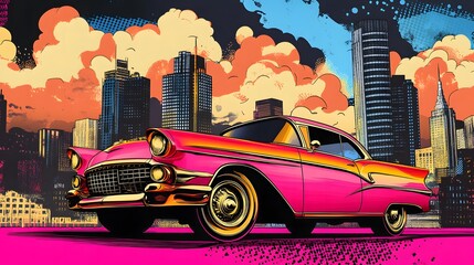 Retro pink classic car in vibrant city skyline, pop art style illustration. Perfect for vintage car lovers,  urban backgrounds and retro designs.