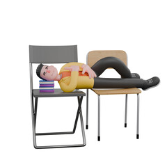 Designer Skills Set Characters 3D Model. A male designer lies with both hands in front of his chest, and his head rests on a book as a pillow while his eyes are closed. Cartoon Style