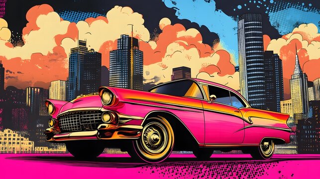 Fototapeta Retro pink classic car in vibrant city skyline, pop art style illustration. Perfect for vintage car lovers,  urban backgrounds and retro designs.