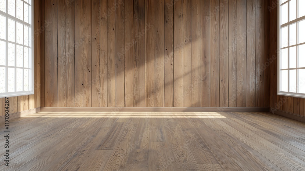 Poster spacious empty wooden room with large windows and natural light streaming in, creating a warm and in