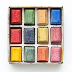 Fototapeta premium box of colorful chalks arranged neatly on white background