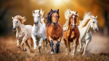 Obraz premium Majestic Gallop: Five Horses Running Free at Sunset