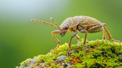 Fototapeta premium Exploration of Miniature Wonders: Macro Bug on Mossy Rock