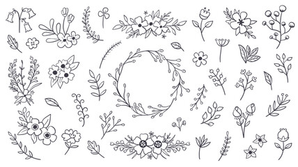 Cute hand-drawn floral wreath and isolated floral items in line art style, perfect for decorating gift cards, prints and crafting projects. A total of 40 isolated items. Vector illustration.