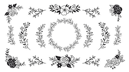 Cute hand-drawn floral wreath and isolated twigs and bouquets, perfect for decorating gift cards, prints, and crafting projects. A total of 16 isolated items. Vector illustration.