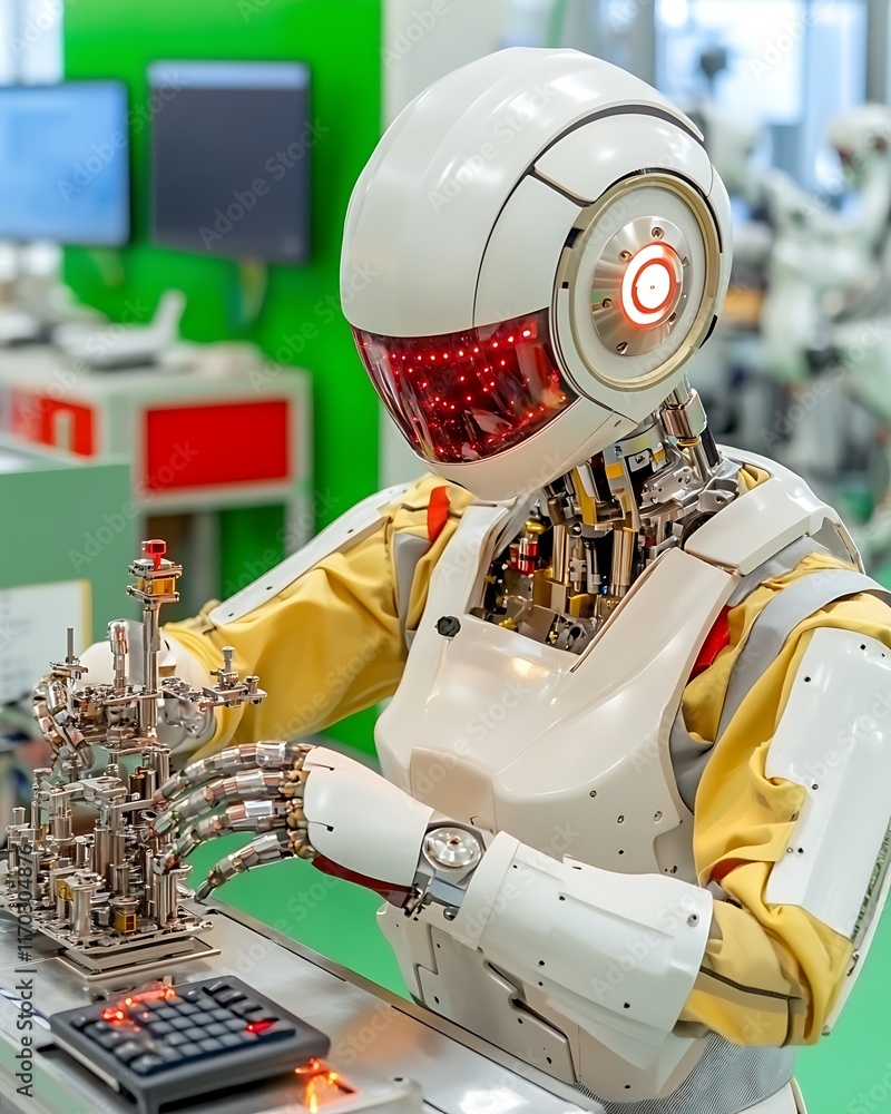 Poster atomic habits, robot assisting in assembly of small machine parts