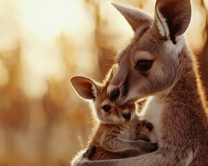 Fototapeta premium A kangaroo helping her joey climb into her pouch.