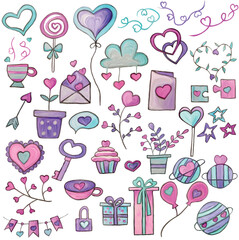 Charming Valentine's Day clipart set with hearts, balloons, lollipops, gifts, keys, plants, and clouds in pastel shades of pink, purple, and teal. Perfect for creative designs, cards, and crafts