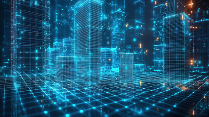 Obraz premium Futuristic digital city with glowing grid lines.