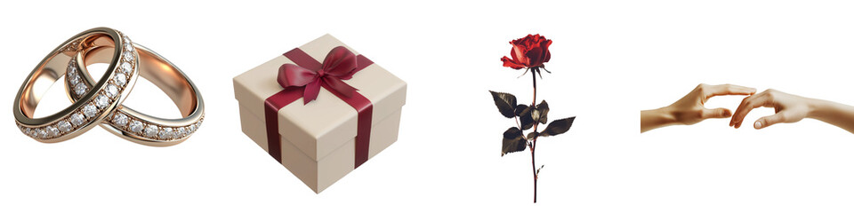Fototapeta premium set of A gift box wrapped in red ribbon, a diamond ring, two hands holding each other, a red rose, gift box, diamond ring and two hands in love, on a transparent backgrounds
