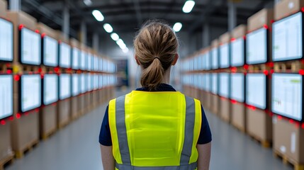Focused Manager Overseeing Order Processing in a Warehouse with Digital Dashboards Displaying Data. Logistics Communication and Order processing Concept