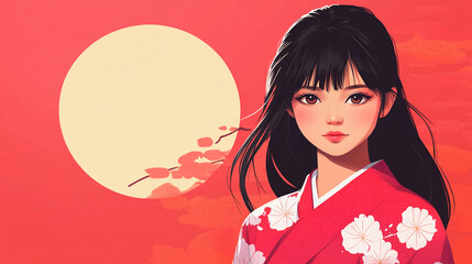 Japanese traditional culture geisha beautiful girl wearing kimono yukata illustration background