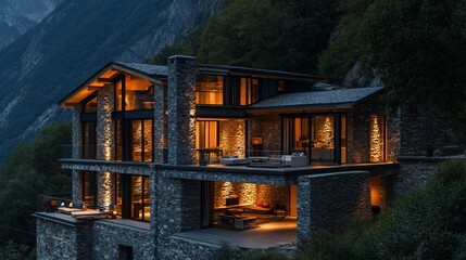 Luxurious mountain home at dusk, illuminated windows, stone exterior, spacious decks.