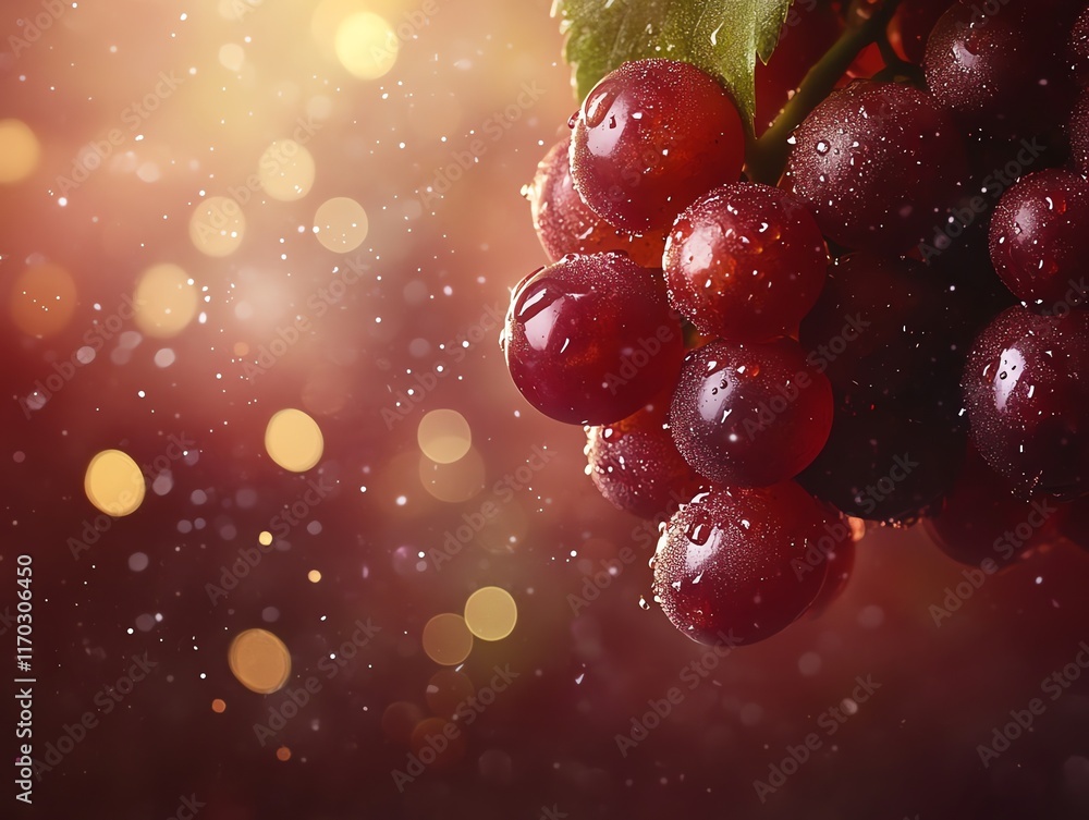 Poster a close-up of a cluster of red grapes with water droplets on a vine with a blurred background.