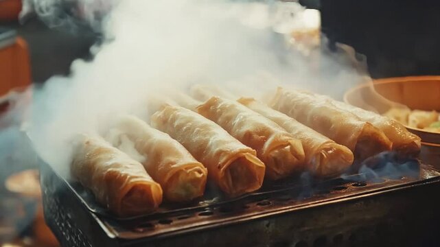 Golden spring rolls steaming on a street food vendor's grill at a bustling night market. A vibrant scene capturing the essence of authentic street cuisine and culinary craftsmanship