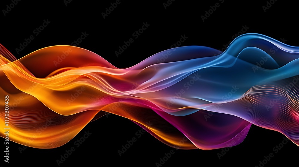 Poster abstract colorful waves flowing dynamically across black background