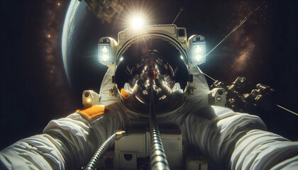 Universe A wide-angle view of an astronaut floating near a tether, their reflective visor catching faint ligh2