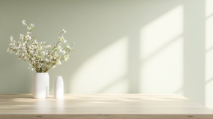 Sunlit minimalist interior with white flowers in vase on wooden table against soft green wall.