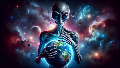 Universe An alien with glowing eyes and elongated fingers, holding Earth near its chest, with a cosmic enviro2