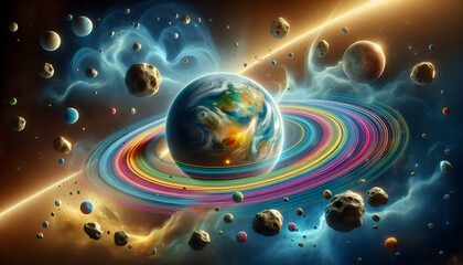 Universe A space scene featuring an Earth-like planet with vibrant, rainbow-colored rings,...