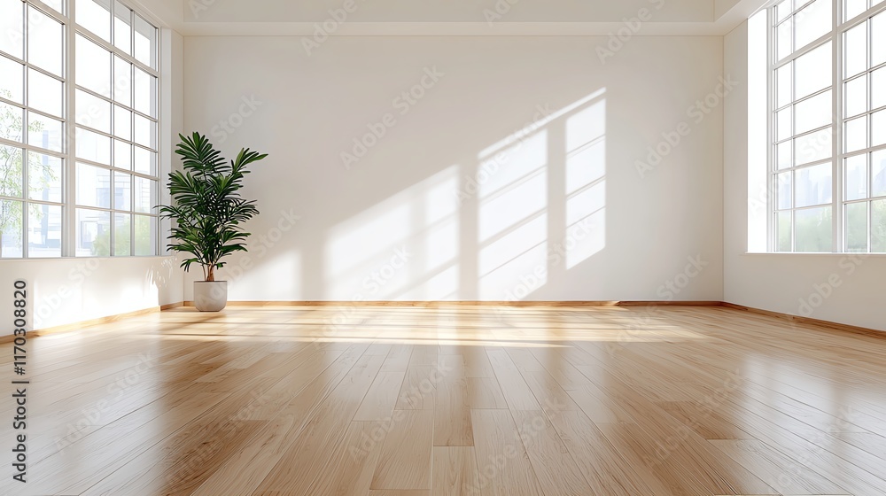 Poster bright empty room with hardwood floor and large windows, creating an inviting space.