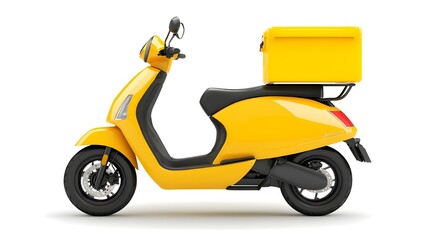 Yellow scooter, delivery box, urban transport, side view, minimalist design, bright colors, modern vehicle, food delivery, compact motorcycle, streamlined shape, efficient transportation, city commute
