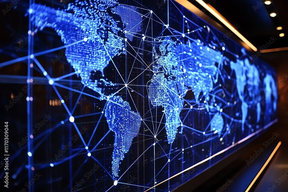 Poster global network: a blue illuminated world map with connecting lines