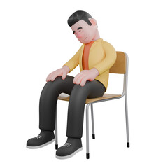 Designer Skills Set Characters 3D Model. A male designer set sitting with his hands on his knees, and looking down while his eyes are closed. Cartoon Style