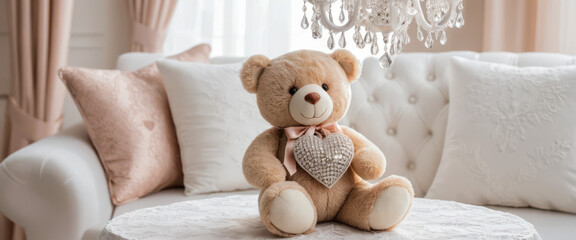 A plush teddy bear with a heart sits on a cozy table setting.