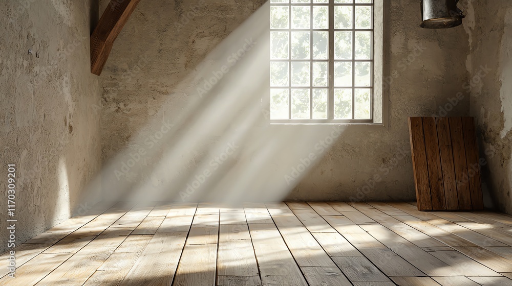 Poster sunlight streams into a rustic, empty room through a large window, casting serene shadows on wooden 