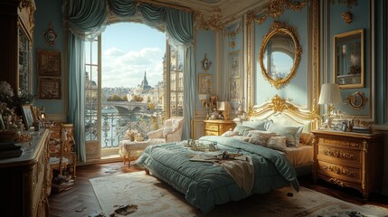 Luxurious Parisian bedroom with city view, ornate furniture, and sunlight streaming through large windows.