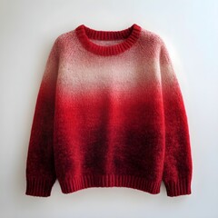 Cozy knit sweater, ombre gradient from pale pink to deep red, crew neck, ribbed edges, soft wool texture, chunky knit, winter fashion, warm and inviting, festive holiday look, comfortable casual wear