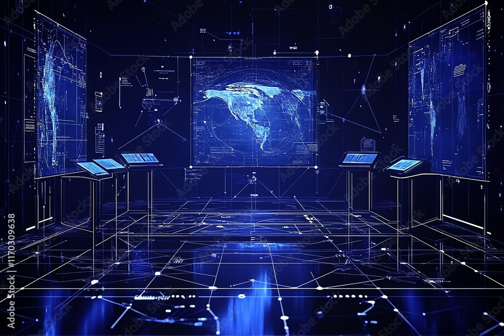Poster global network visualization: futuristic blue data displays and interactive terminals