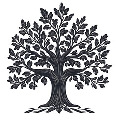 Obraz premium Majestic oak tree illustration with detailed leaves and roots.