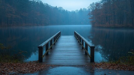 Obraz premium Wooden Dock Extends Over Misty Autumn Lake