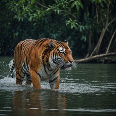 Obraz premium A tiger hunting its prey in the Sundarbans, India.