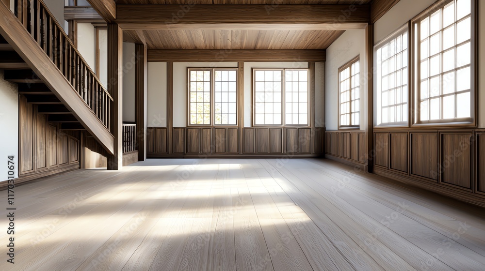 Aufkleber sunlit empty room with hardwood floors and large windows offering a minimalist architectural space.