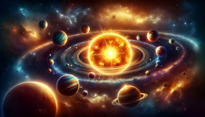 Universe A breathtaking illustration of the solar system with the sun shining brightly at the...